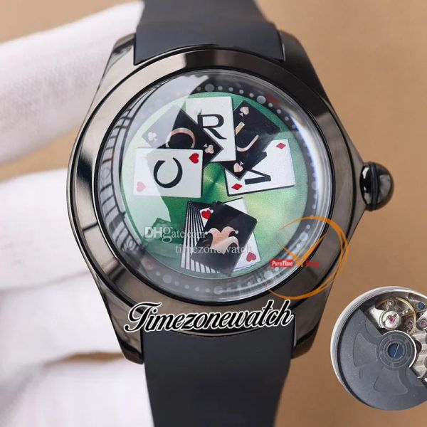

new 47mm bubble clown playing card dial automatic mens watch l390/03246-390.101.95/0371 pvd black steel case rubber strap gents watches twcm, Slivery;brown