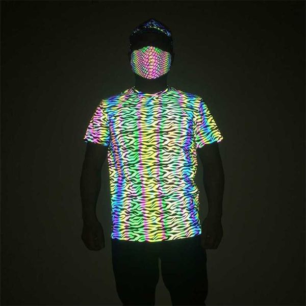 

t-shirt summer round neck loose t-shirt men's and women's nightclub colorful reflective short sleeve top, White;black