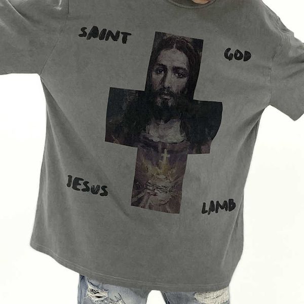 

fashion designer luxury saint "god is faith" limited white ink direct spray printing for old wash high street short sleeves super, White;black