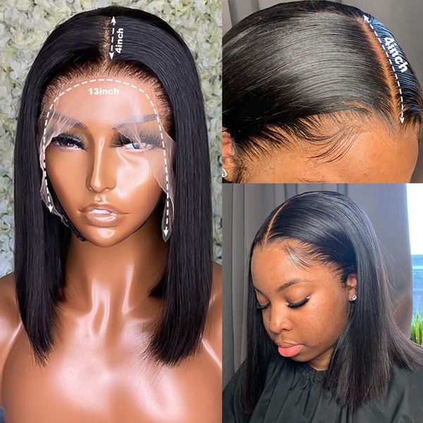 

straight bob human hair wigs lace closure straight short 4x4 bob wig 13x6 lace front human hair wig, Black;brown