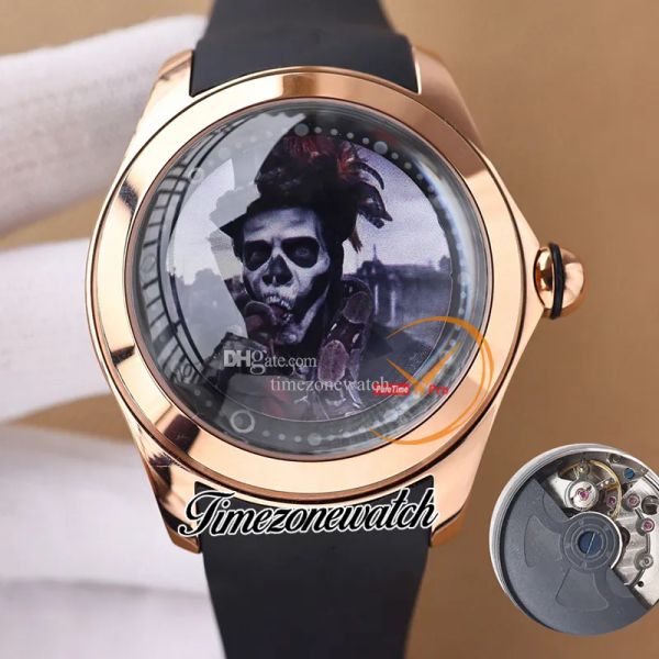 

new 47mm bubble clown design dial automatic mens watch l390/03340-390.101.95/0371 rose gold case rubber strap gents watches twcm timezonewat, Slivery;brown