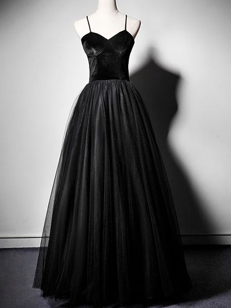 

black prom dress 2023 long evening gowns velvet with tulle party wearing spaghetti lace-up back floor length