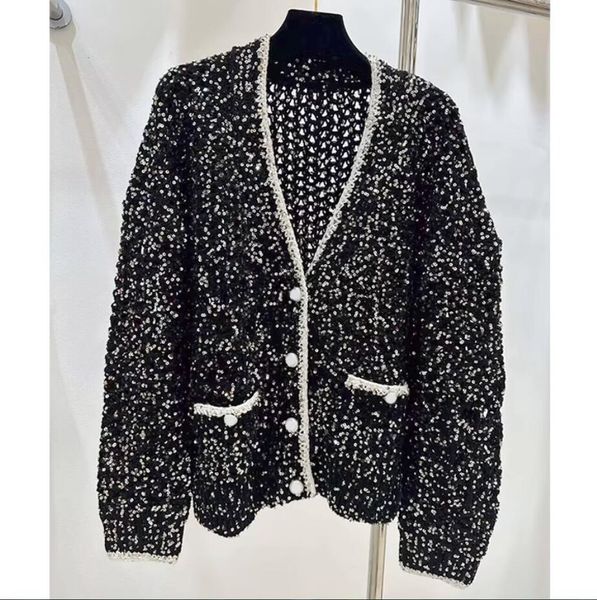 

xiaoxiang black full shiny knitted cardigan 23 new loose v-neck button long sleeve coat women, Black;brown