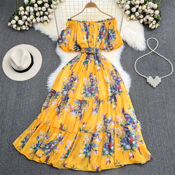 

casual dresses summer women fashion floral print chiffon dress with belt fashion boat neck strapless mid-length ladies dresses elegant vesti, Black;gray