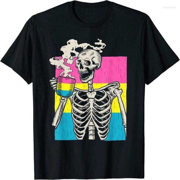 

men's t shirts skeleton drinking coffee lgbt-q pansexual pride pan flag t-shirt stussys, White;black