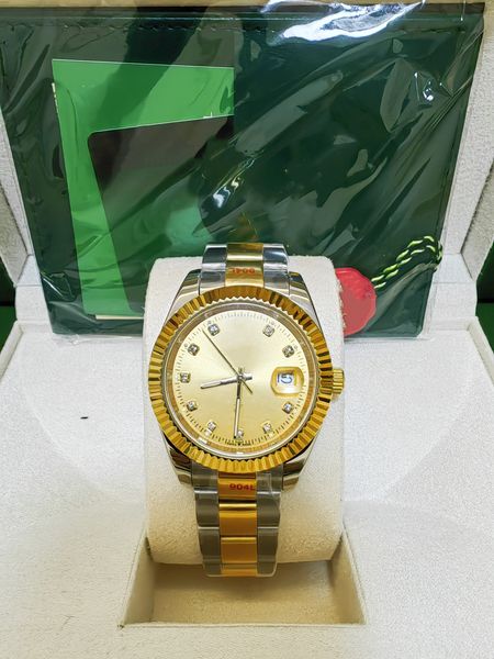 

with original box fashion men's watch 41mm datejust automatic mechanical movement men's watches gold dial stainless steel strap sp, Slivery;brown
