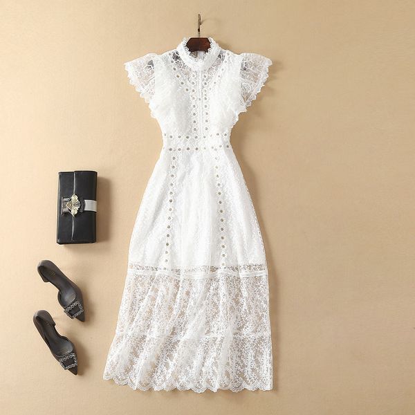 

casual dresses 2023 romantic vintage victorian temperament white dresses women butterfly beaded floral embroidery mid lace dress hollow out, Black;gray
