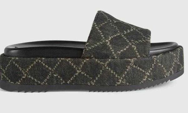 

designer slippers fashion thick bottom sandals rubber letter embroidery slides lady platform wedges sandal beach high heel embroidered slip, Black