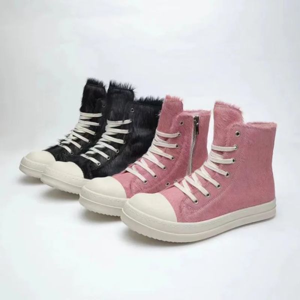 

new fashion round owens high shoes casual shoes womens leather pink horse fur ro 2023 new thick sole increased street rick casual sneake, Black