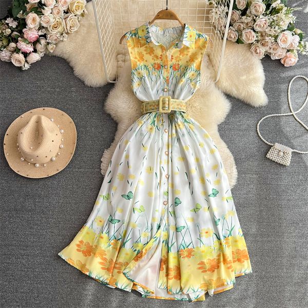 

casual dresses mid-length yellow flower printing dress with belt women summer vestidos lapel single-breasted sleeveless dresses ladies 2023, Black;gray