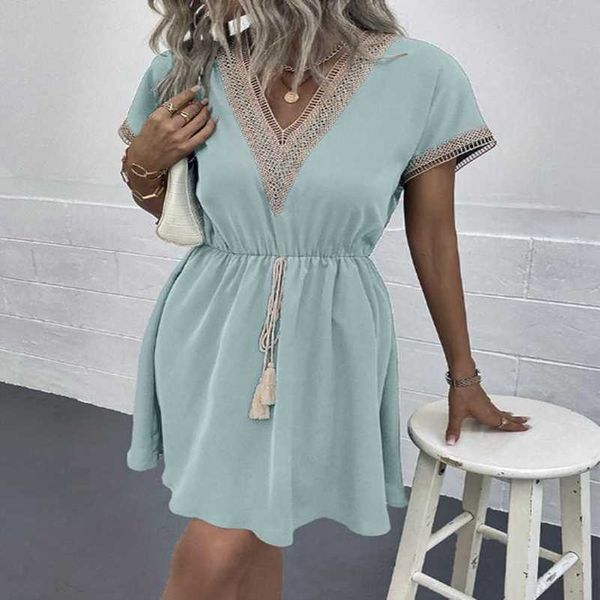 

solid short spring/summer sleeve lace v-neck waist dresslv, Black;gray