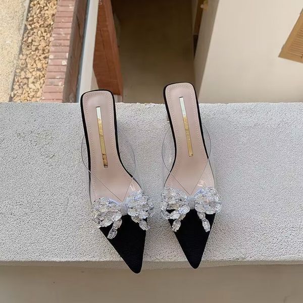 

summer 2023 new fairy style outside wearing pointed bow rhinestone buckle crystal transparent baotou sandals slippers women, Black