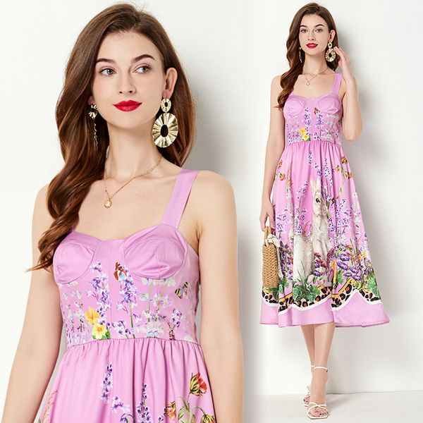 

floral ruched suspender midi pink dress summer 2023 women luxury designer slim graceful print vacation sleeveless backless dresses ballgown, Black;gray