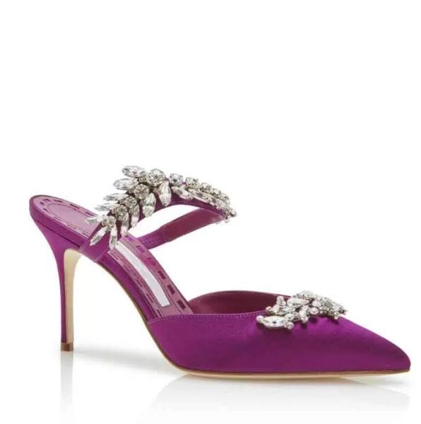 

luxury brands lurum sandals slide shoes for women manolos high heels satin crystal-embellished satin mules pointed toe slipper pumps heel sh, Black