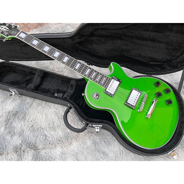 

bright green electric guitar, lock and buckle, classic brand, beautiful sound, delivery