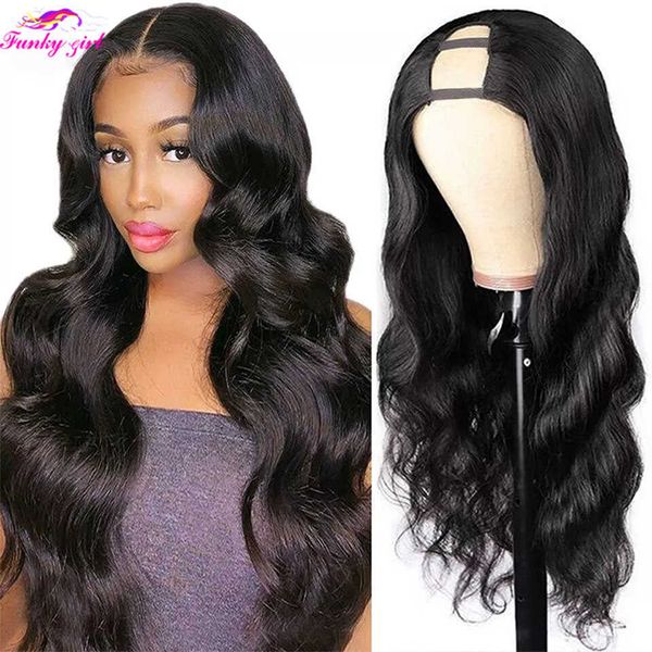 

synthetic wigs body wave u part wigs 100% human hair brazilian wavy virgin for women remy glueless 180% density wig 230227, Black