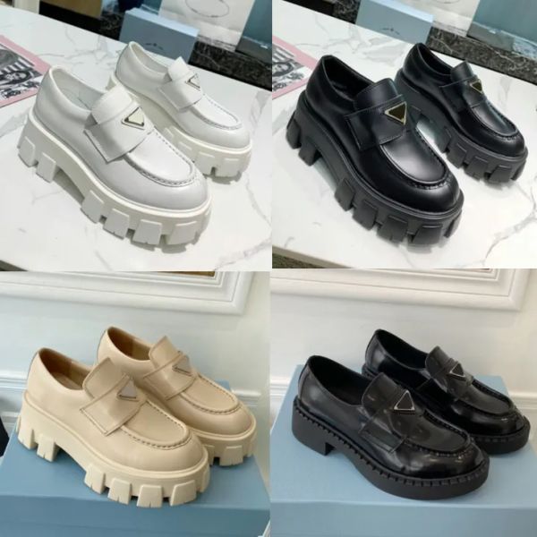 

new fashion excellent designer shoes men women soft cowhide platform sneakers p triangle loafers rubber black shiny leather chunky round hea