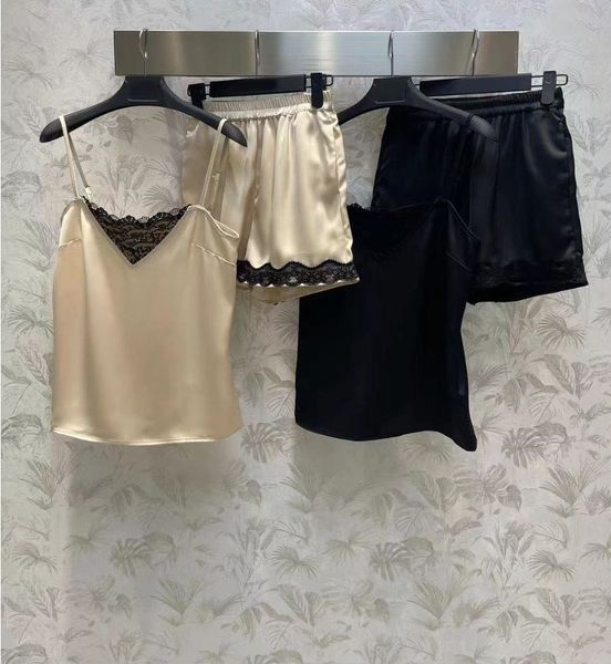 

fashion designer women's triangle pattern sleepwear lace satin sets sleeveless elasticity waist shorts 2 pcs sets for women 2023, White