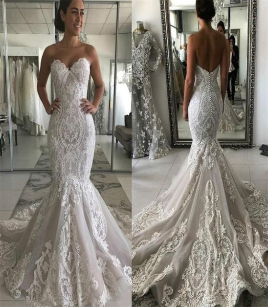 

vintgae full lace mermaid wedding dresses lace tulle backless long dress with sweep train bridal gowns plus size bridal vestidos d3731392, White