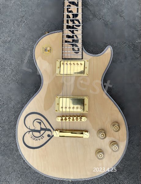 

custom customers print electric guitars with your own logo on the of the head, special graphics on the upper body and a natural neck in gold