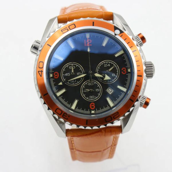 

sports watch chronograph limited watch orange bezel black dial quartz professional dive wristwatch folding clasp men watches, Slivery;brown