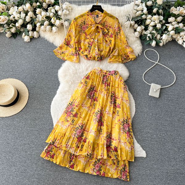 

two piece dress floral print two piece sets women flare sleeve elastic waist pleated ruffles long skirt french vacation suit 2023, White
