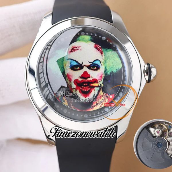 

new 47mm bubble clown design dial automatic mens watch l390/03634-390.101.95/0371 mb01 steel case rubber strap gents watches twcm timezonewa, Slivery;brown
