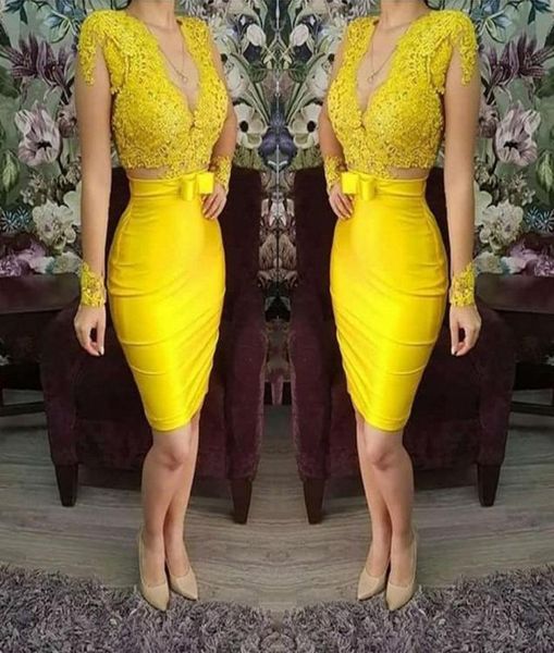 

2022 yellow women cocktail dresses v neck illusion long sleeves lace appliques beaded short prom dresses party dress night ce5985133, Black