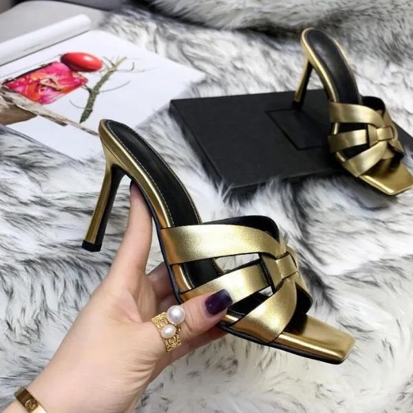 

brand women slipper sandal shoes luxury designer shoes black tribute genuine leather sandals slide stiletto heels fashion footwear