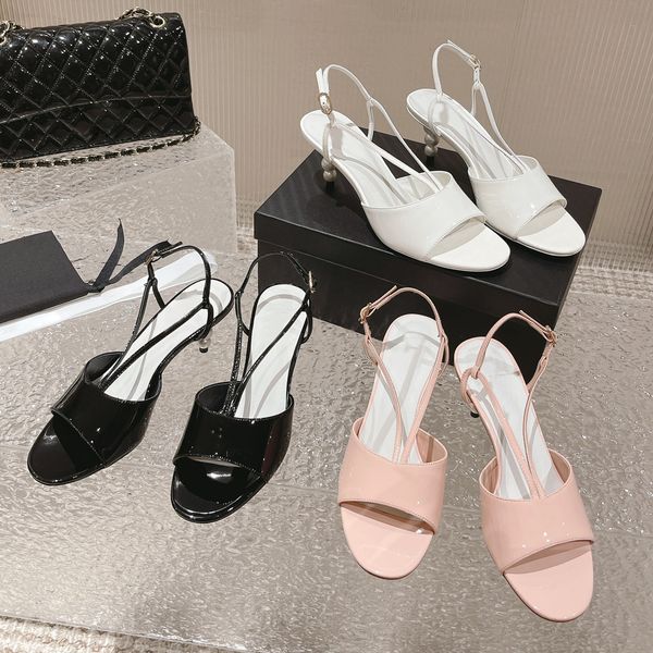 

brand slippers 2023 small fragrance lacquer leather pearl heel cool slippers solid color open toe thin high heel slippers, Black