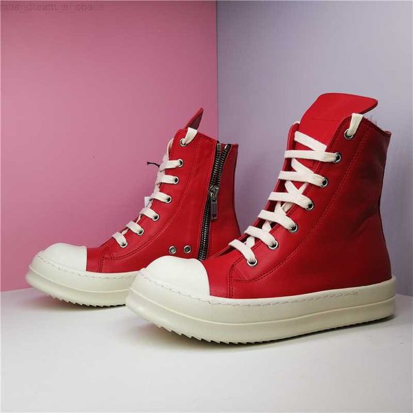 

genuine men leather ankle boots high male fashion sneakers red lace up man ro shoes boot, Black