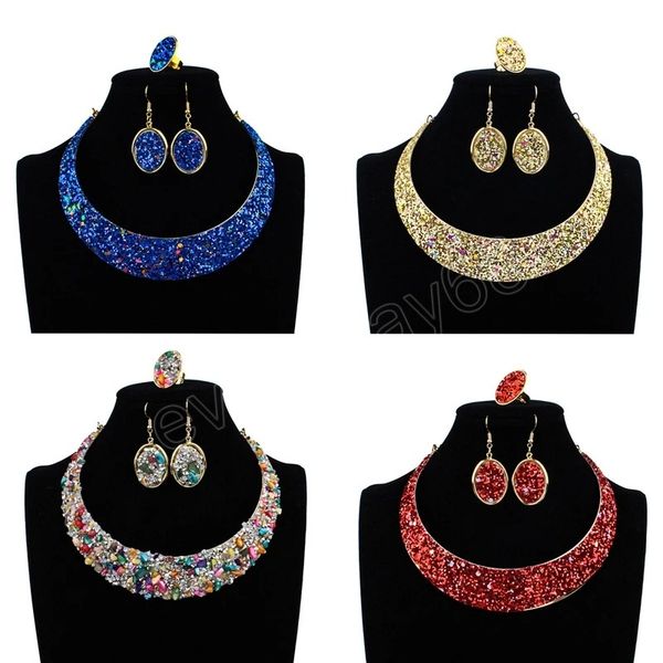

fashion women ethnic wedding jewelry set exaggerated metal full diamond choker necklace earrings bracelet, Silver