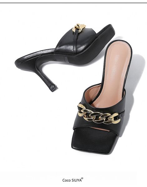 

2023 european new chain muller square head sandals women spring/summer high heel slim heel slippers, Black