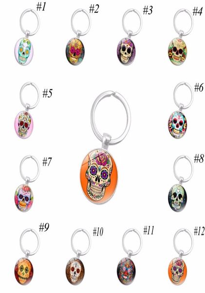 

skeleton time gem cabochon key chain sugar candy skull head keyrings skull pattern key ring fashion jewelry gifts5812823, Silver