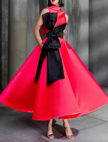 

elegant prom formal dress high neck sleeveless ankle length evening party gowns with bow vestidos robe de soiree customed 2023, Black;red
