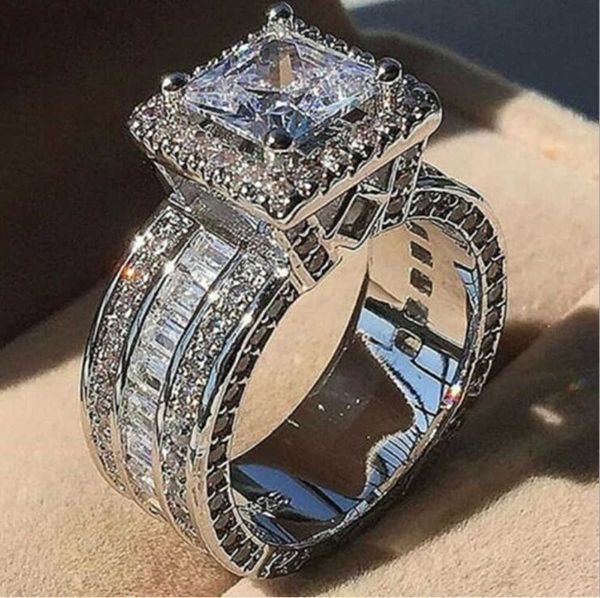 

choucong unique luxury jewelry 925 sterling silver gold fill princess cut whie z cz diamond party eternity women band ring gift tidal flow d, Slivery;golden