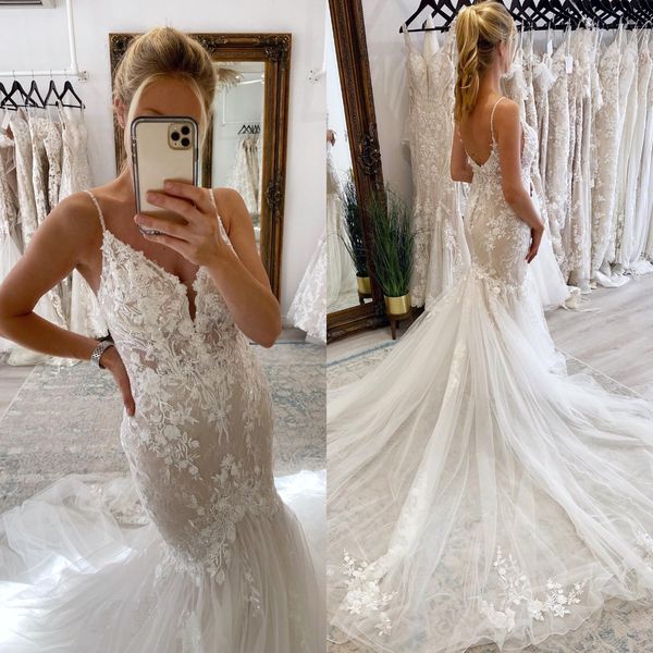 

elegant mermaid wedding dresses straps lace appliques luxury wedding dress sweep train button back wedding bridal gowns, White