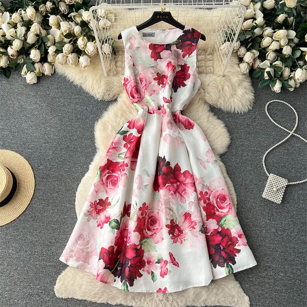 

casual dresses summer vintage printed round neck sleeveless dress women floral print vestidos high waist mid-length ladies dresses 2023, Black;gray