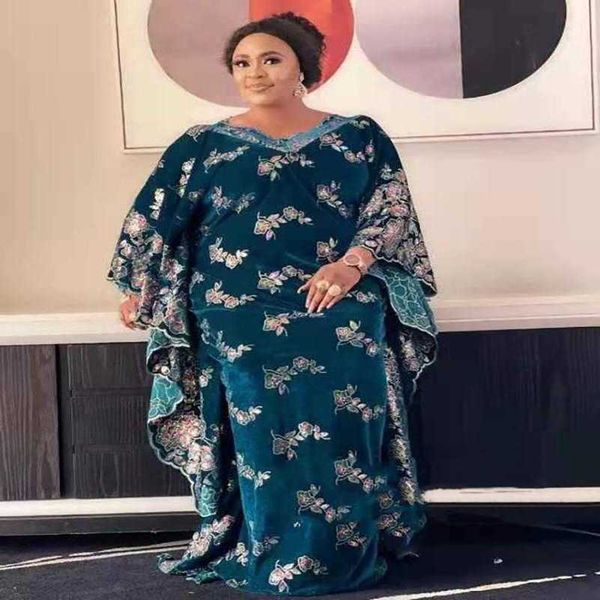 

clothing ethnic style african women's dashiki fashion velvet fabrics embroidery lace with scarf super loose long dress  length, Black;gray