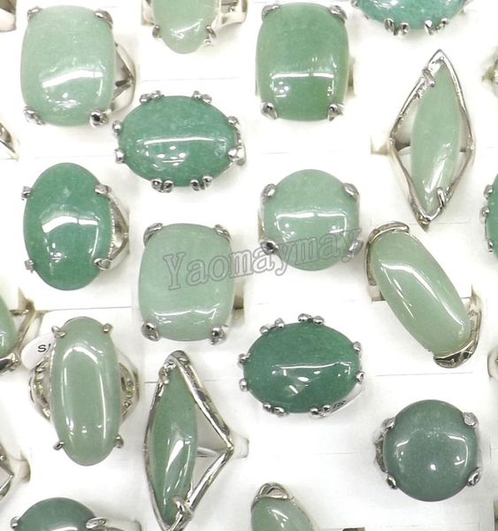 

50pcslot big natural light green jade aventurine rings semiprecious stone rings factory 1661222, Golden;silver