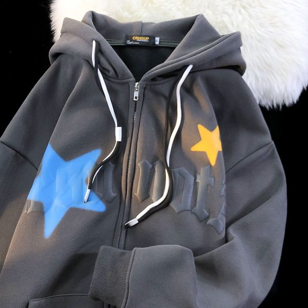 

american vintage trend brand retro five-pointed star hoodie women's winter with fleece thickened loose harbour wind couple coat, Black