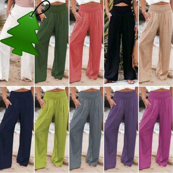

women's pants summer high waist cotton hemp wide leg pants wide leg belt pocket, Black;white