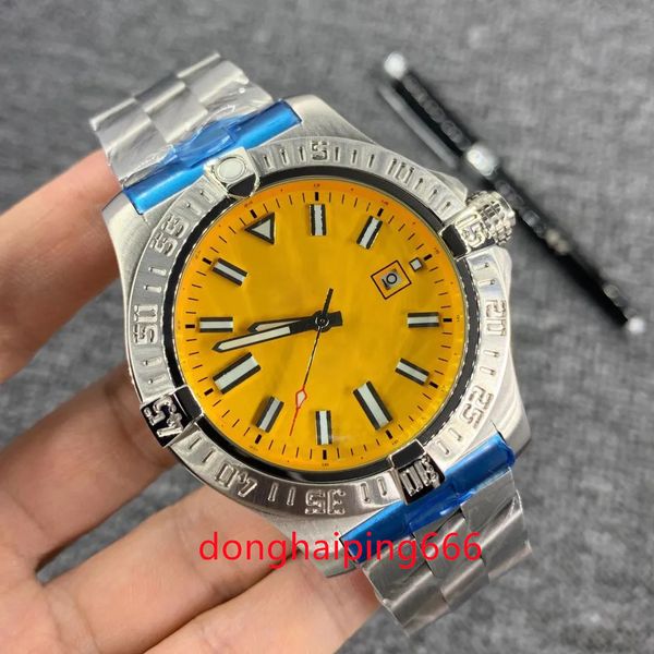 

n quality right hand silver watches stainless case yellow dial superocean heritage automatic mechanical movement watch leather strap floding, Slivery;brown