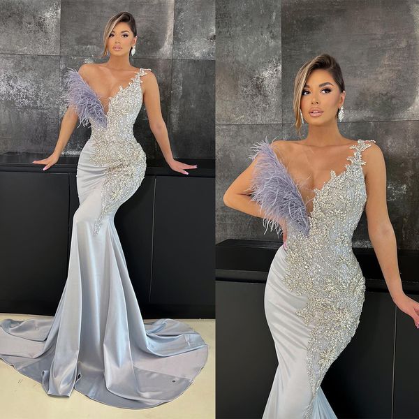 

silver sparkly prom dress v neck feather crystal beading illusion mermaid evening gowns sweep train special occasion wear, Black;red