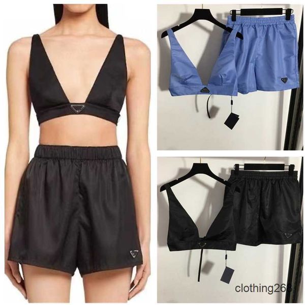 

designer womens two piece tanks pants sets with triangle metal v neck sleeveless vest mini short set streetwear fashion crop tracksuit, White