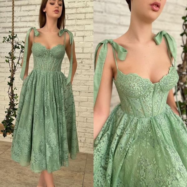 

elegant green homecoming dresses spaghetti lace prom party gown tea length homecoming dress a line, Blue;pink