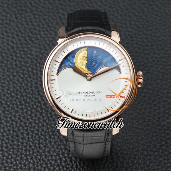 

new 42mm arnold&son hm perpetual moon a1glari01ac122a rose gold white dial mechanical hand winding mens watch black leather strap uk cool ti, Slivery;brown