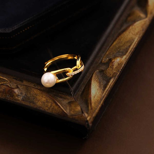 

high version tiffay's same style paper clip pearl zircon ring 925 silver temperament adjustable opening new female