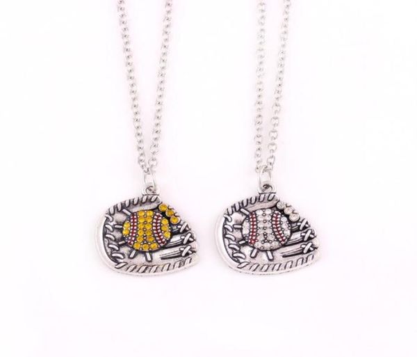 

zo2 zinc alloy crystals baseball or softball ball and glove pendant with wheat link /leather rope/ chain lobster clasp necklace9056515, Silver
