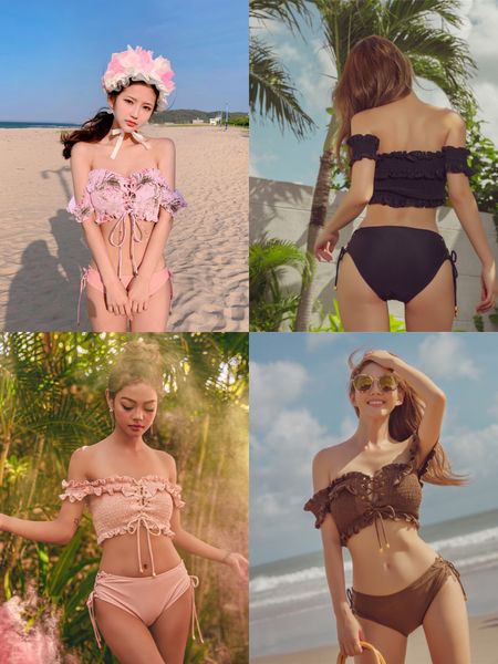 

designer women girls' 2 pieces bikini sets flower printed vintage swimsuit pleated cross strap swimwear bath suit -xl, White;black